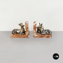 Fermalibri in marmo rosso e figure di cervo in ottone, inizio 1900 