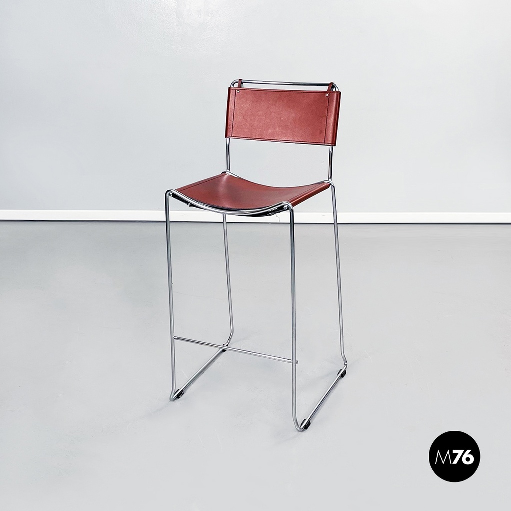 Sgabello in pelle marrone e acciaio,  1980 ca.