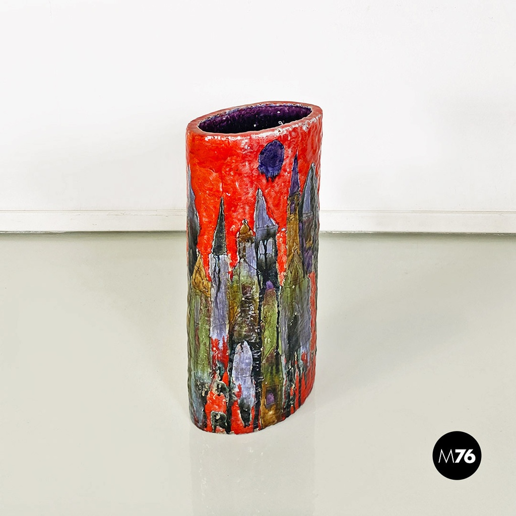 Portaombrelli in ceramica arancione con decorazioni, 1960 ca.