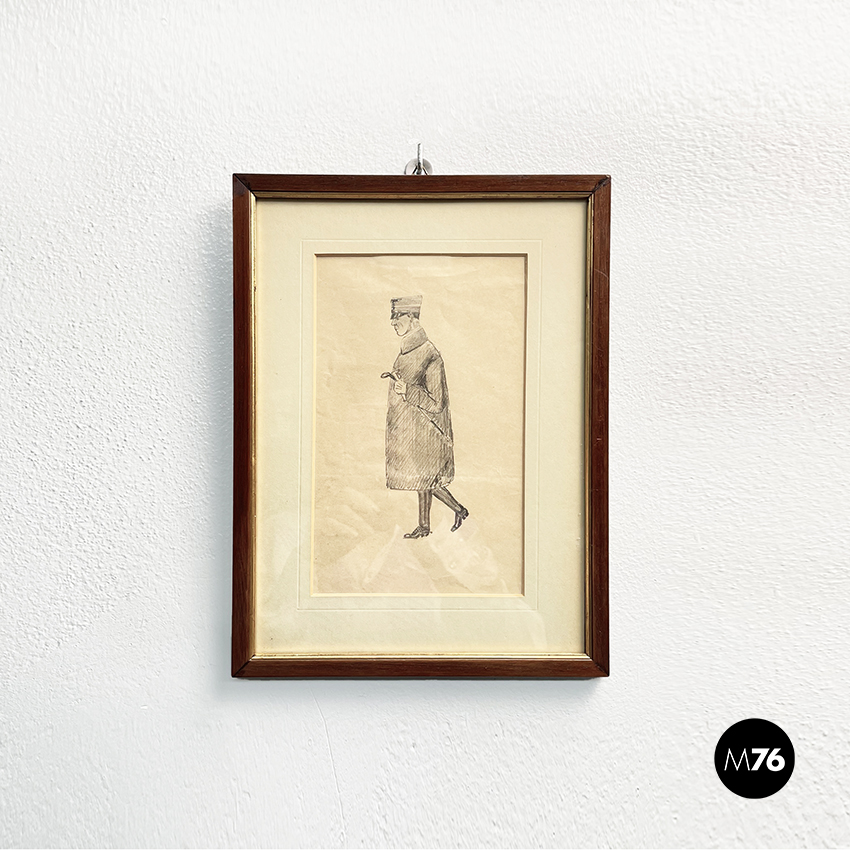 Quadro con disegno a matita su carta, 1900 ca.