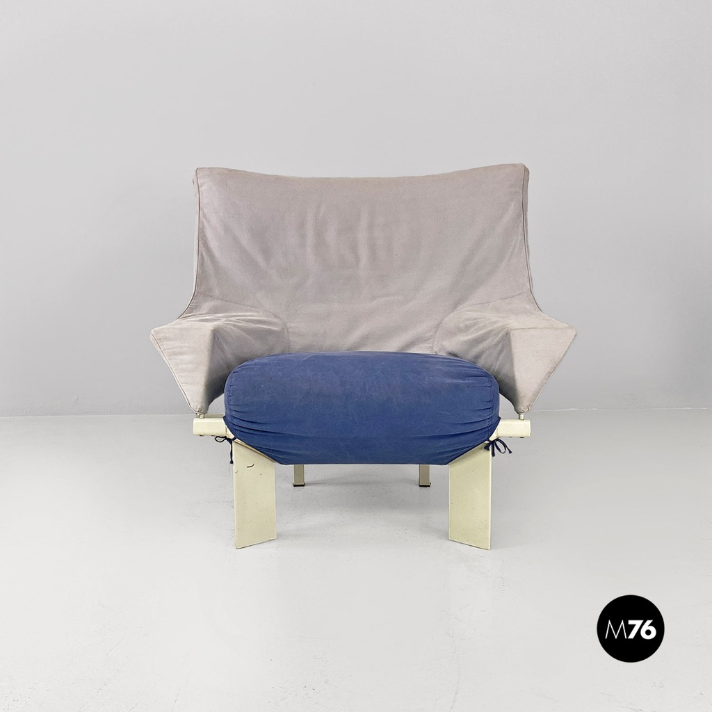 Poltrone in legno e tessuto grigio e blu, 1980 ca.