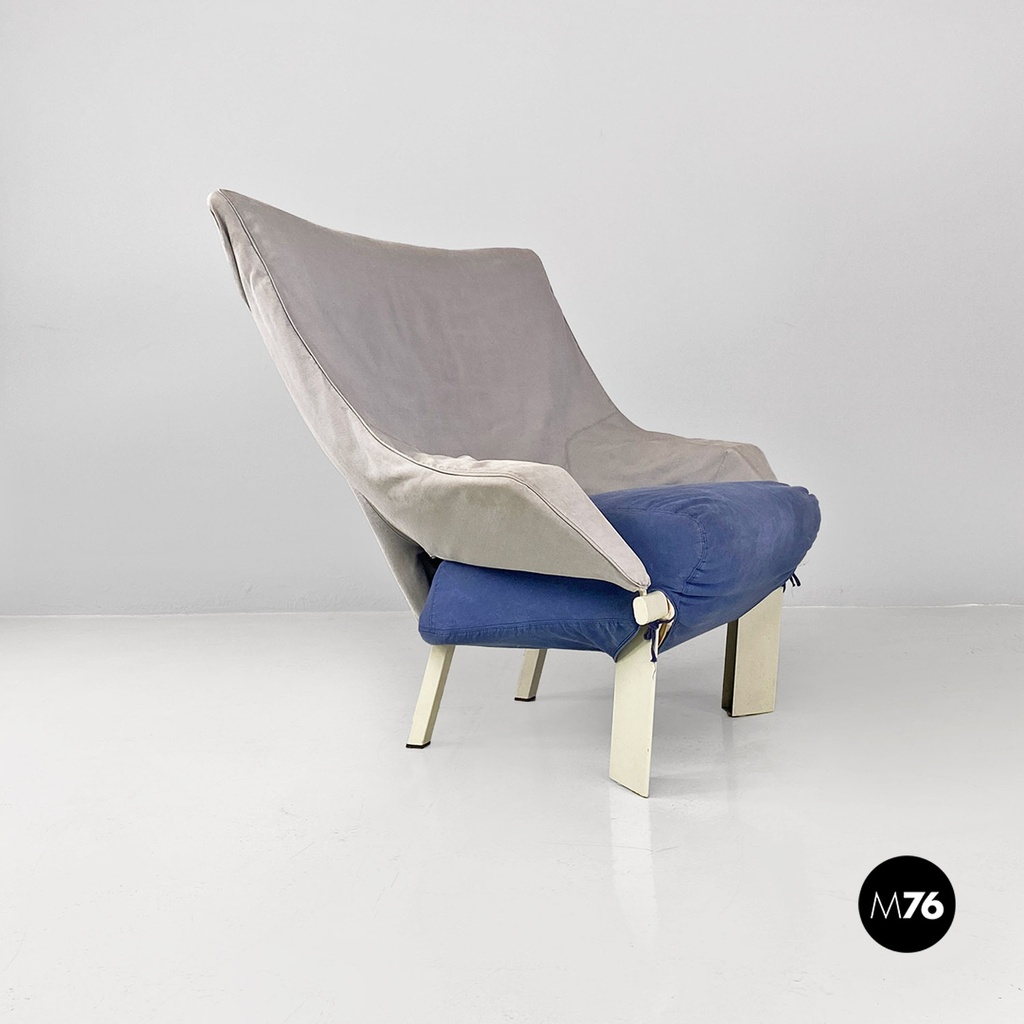 Poltrone in legno e tessuto grigio e blu, 1980 ca.