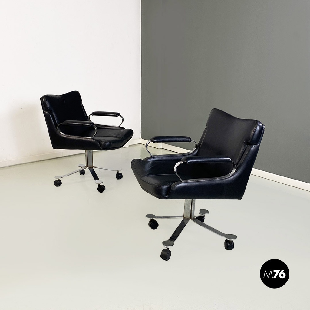 Poltrone da ufficio in acciaio e pelle nera, 1970 ca.