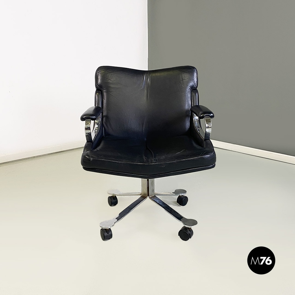 Poltrone da ufficio in acciaio e pelle nera, 1970 ca.