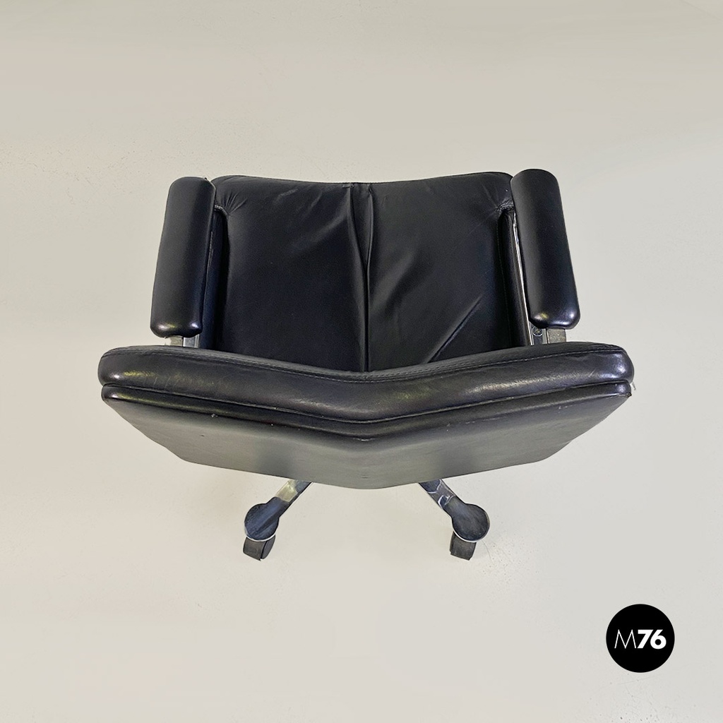 Poltrone da ufficio in acciaio e pelle nera, 1970 ca.