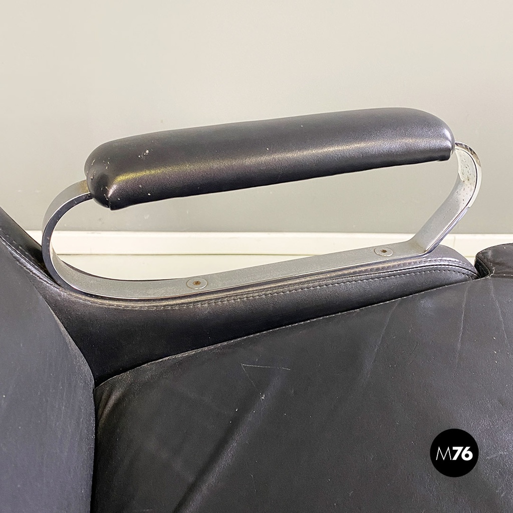 Poltrone da ufficio in acciaio e pelle nera, 1970 ca.