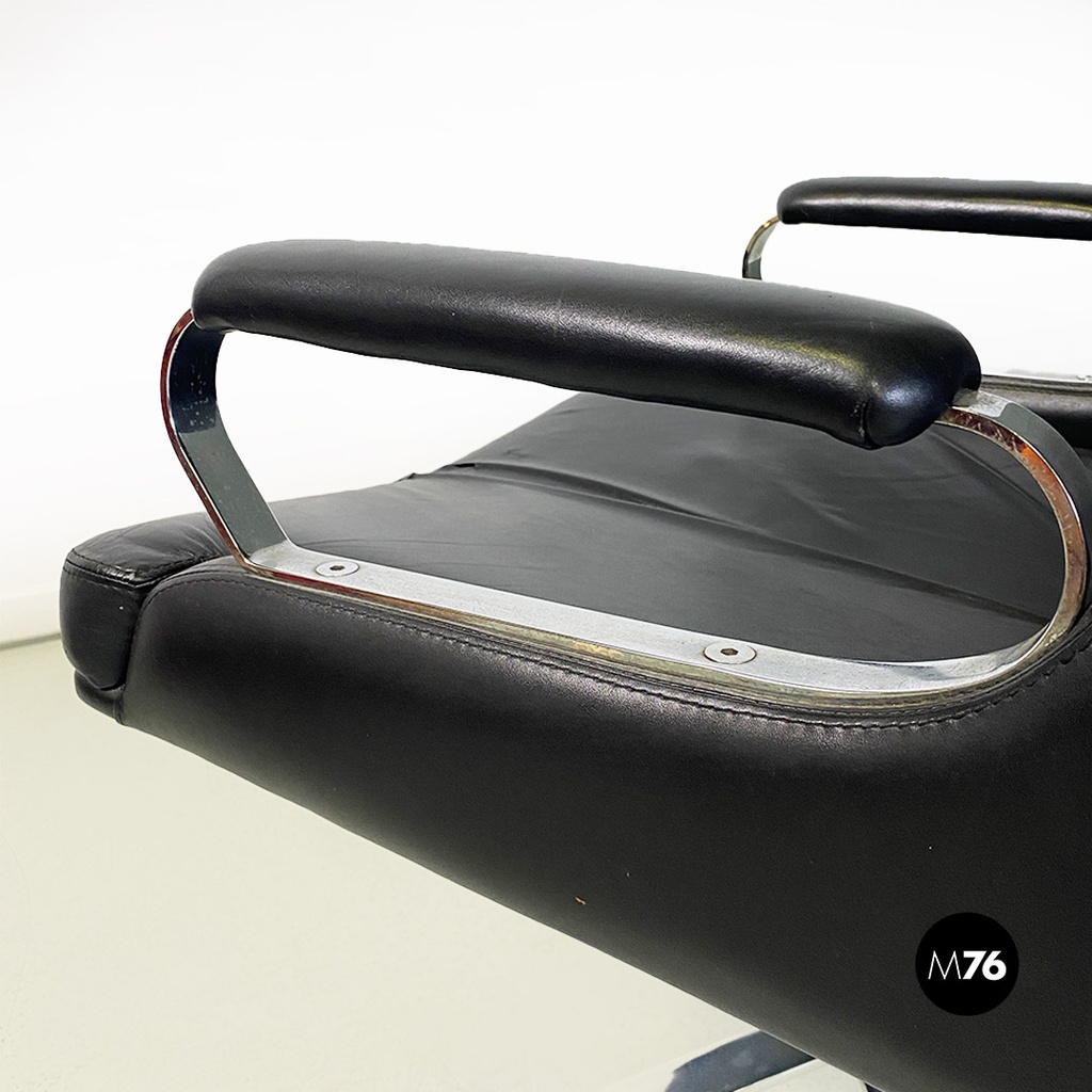 Poltrone da ufficio in acciaio e pelle nera, 1970 ca.