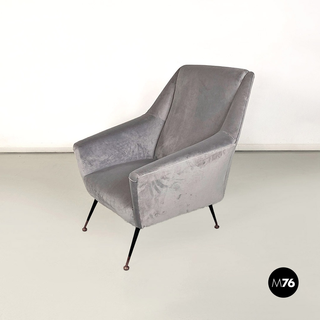 Poltrona in tessuto grigio e metallo, 1960 ca.