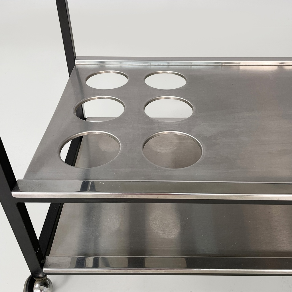 Carrello in acciaio e metallo nero, 1980 ca.