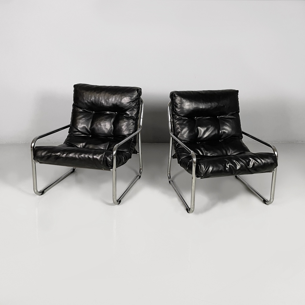 Poltrone in metallo e similpelle nera, 1970 ca.