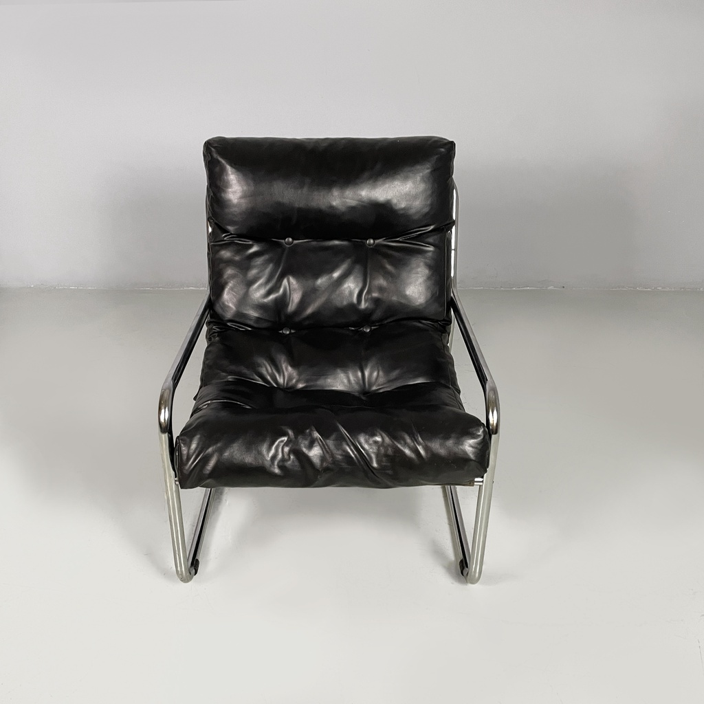 Poltrone in metallo e similpelle nera, 1970 ca.