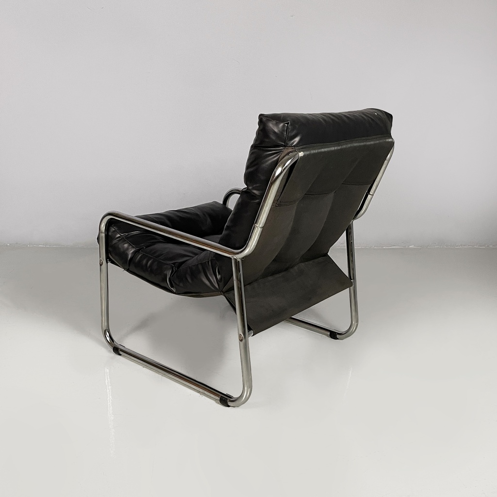 Poltrone in metallo e similpelle nera, 1970 ca.