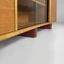 Sideboard in legno, vetro e pelle rossa, 1960 ca.