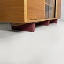 Sideboard in legno, vetro e pelle rossa, 1960 ca.