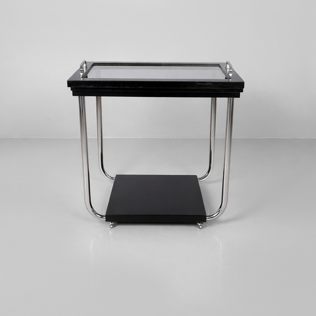 Carrello in legno nero, vetro e acciaio, 1930 ca.