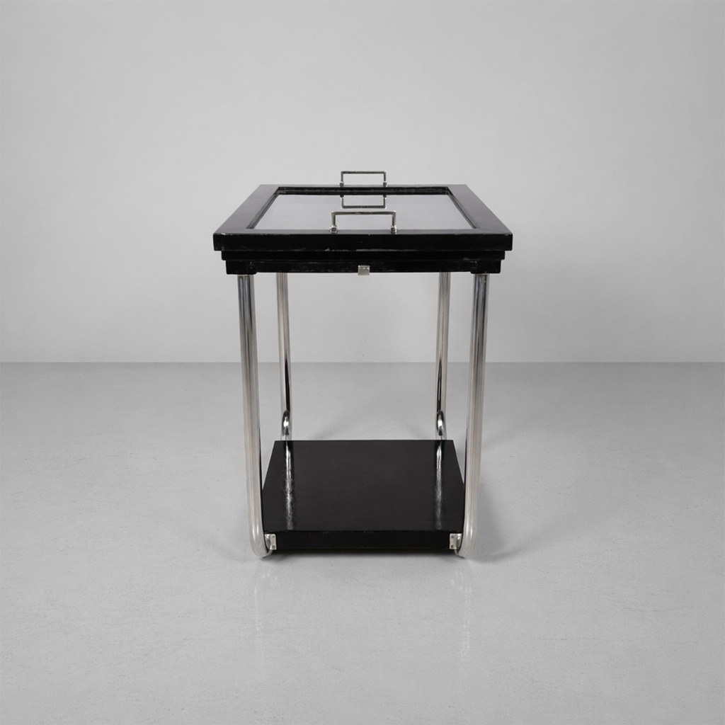 Carrello in legno nero, vetro e acciaio, 1930 ca.