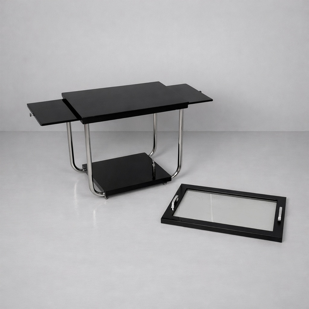 Carrello in legno nero, vetro e acciaio, 1930 ca.