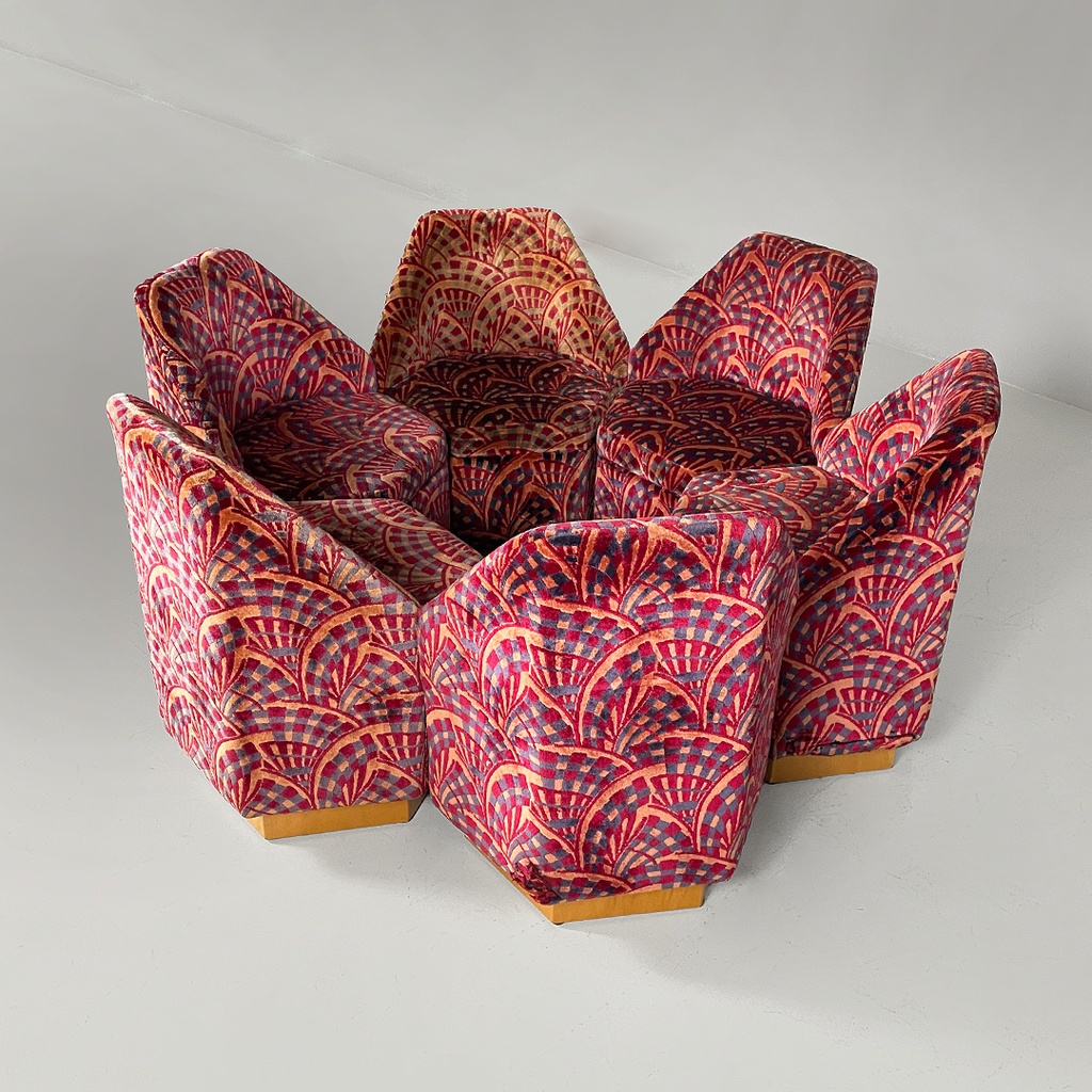 Poltrone in tessuto e legno, 1970 ca.