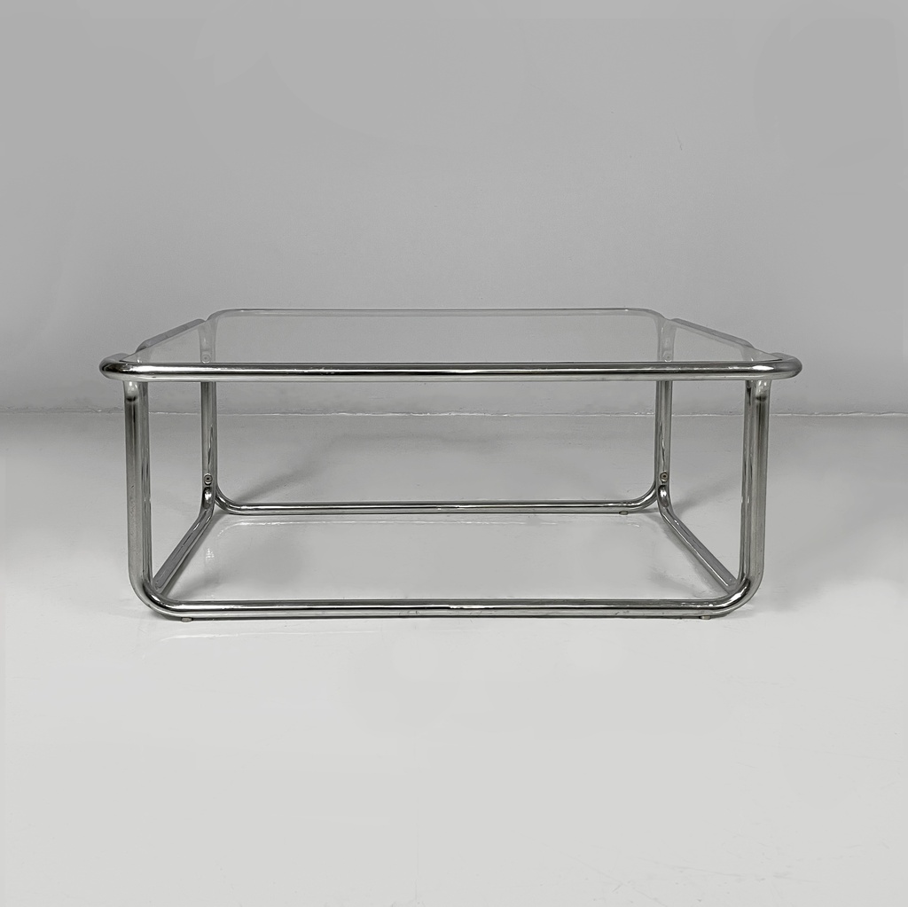Tavolo da caffè in acciaio cromato e vetro, 1970 ca. 