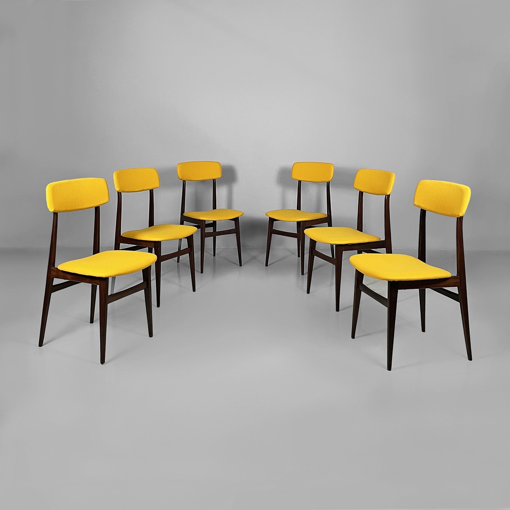 Sedie in legno e tessuto giallo, 1960 ca. 