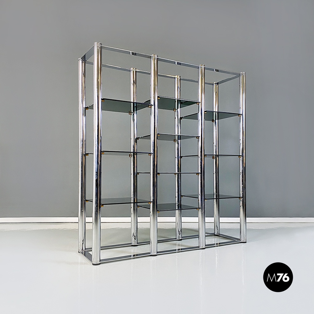 Libreria in acciaio e vetri fumè, 1970 ca. 