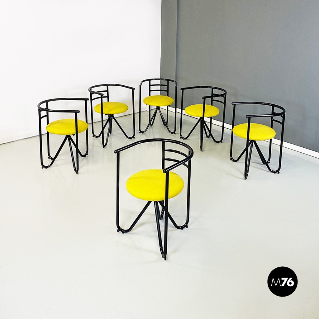 Sedie in tessuto giallo e metallo nero, 1980 ca. 