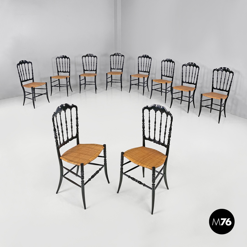 Sedie Chiavarina in legno nero e vimini, primi del 1900 ca.  