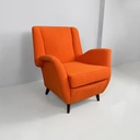 Poltrona in tessuto arancione e legno, 1950 ca.
