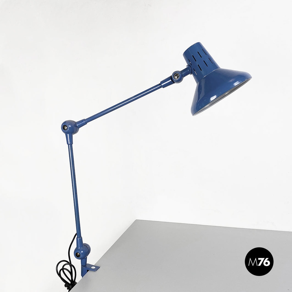 Lampada da tavolo in metallo blu con morsetto, 1970 ca.