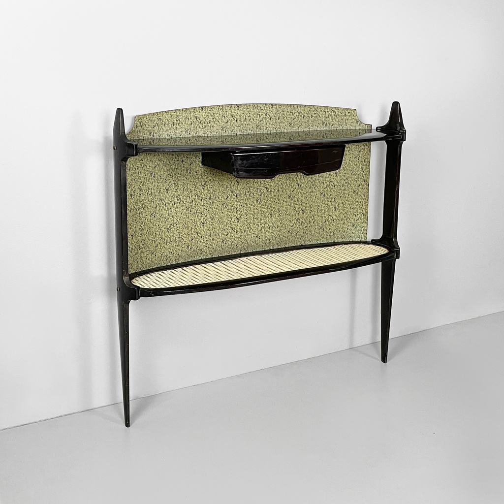 Consolle in legno, tessuto e paglia, 1950 ca.