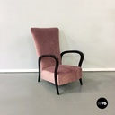 Poltrona in velluto rosa e legno, 1950 ca. 
