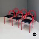Sedie in metallo rosso e finta pelle nera, 1980 ca.