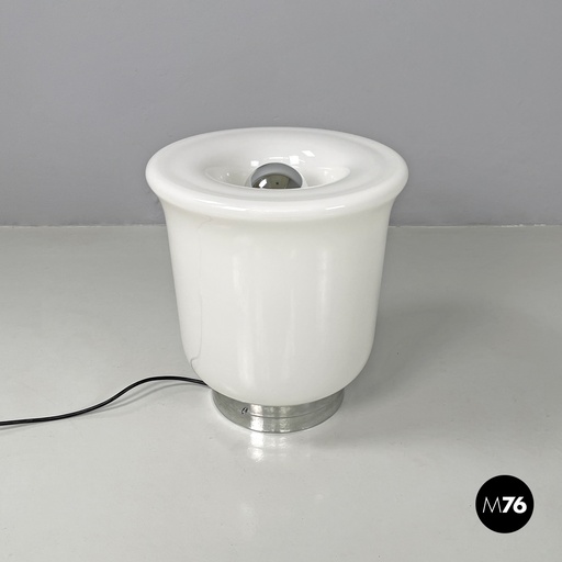 [2420005339] Lampada da tavolo in metallo e vetro bianco, 1970 ca.