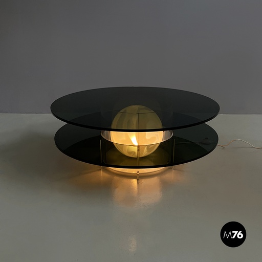 [2420005219] Tavolo da caffè con lampada in vetro fumè e plexiglass, 1970 ca.