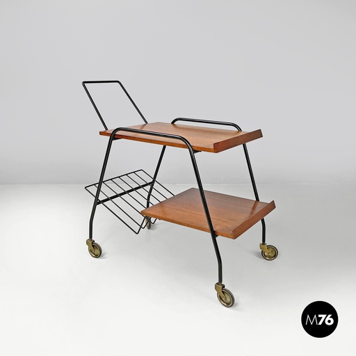 [2420005585] Carrello in legno, ottone e metallo nero, 1960 ca.