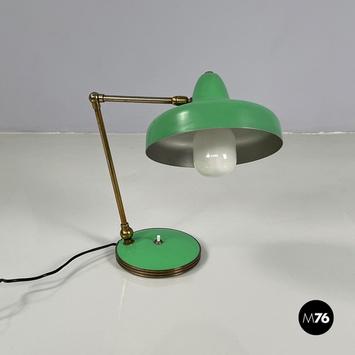 [2420005259] Lampada da tavolo orientabile in metallo verde e dorato, 1950 ca.