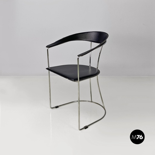 [2220001429] Sedia in pelle nera e acciaio cromato, 1980 ca.