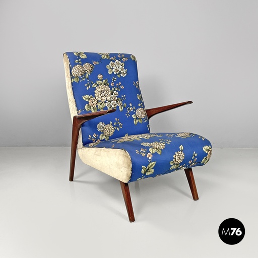 [2520005731] Poltrona con tessuto blu floreale, 1950 ca. 