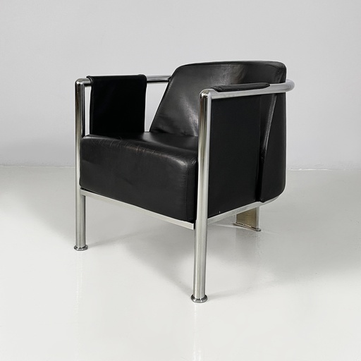 [2520005854] Poltrona in pelle nera e acciaio, 1980 ca.