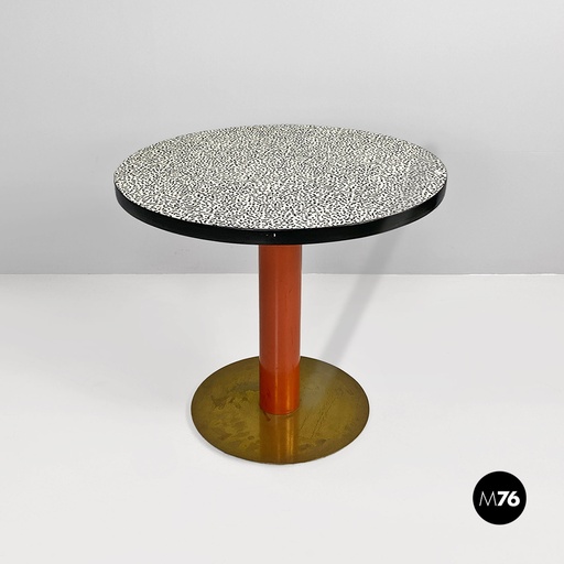 [2220001524] Tavolo da caffè tondo in metallo e laminato bacterio, 1980 ca.