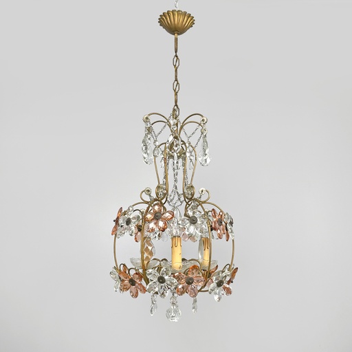 [2520005887] Lampadario in vetro rosa e trasparente, primi del 1900 ca.