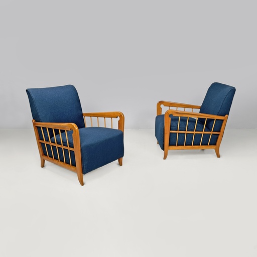[2520005910] Poltrone in legno e tessuto blu, 1940s