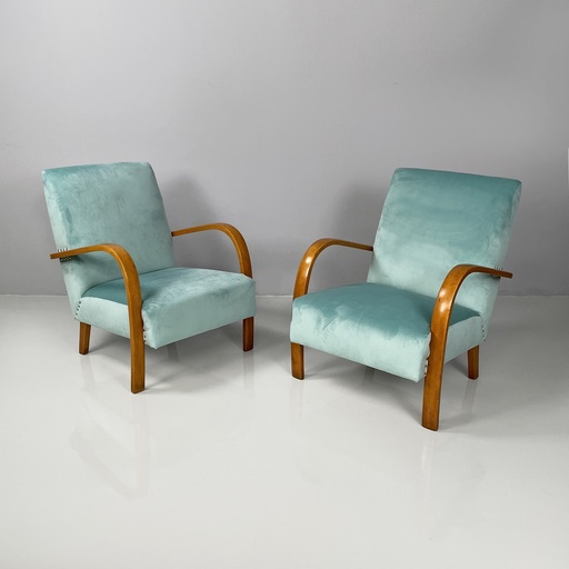 [2520006028] Poltrone in velluto azzurro e legno, 1950 ca.