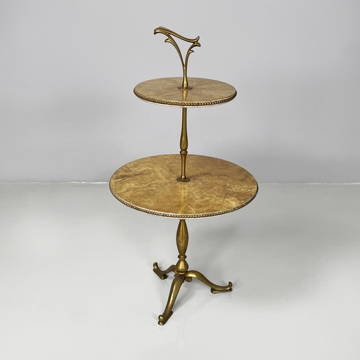 [2520006080] Tavolo da caffè in ottone e legno effetto marmo, 1960 ca.