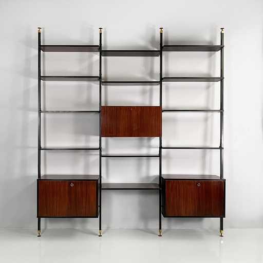 [2520006107] Libreria modulare in legno e metallo nero, 1960 ca.