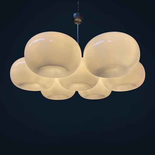 [2520006349] Lampadario in vetro opalino e metallo, 1970 ca.