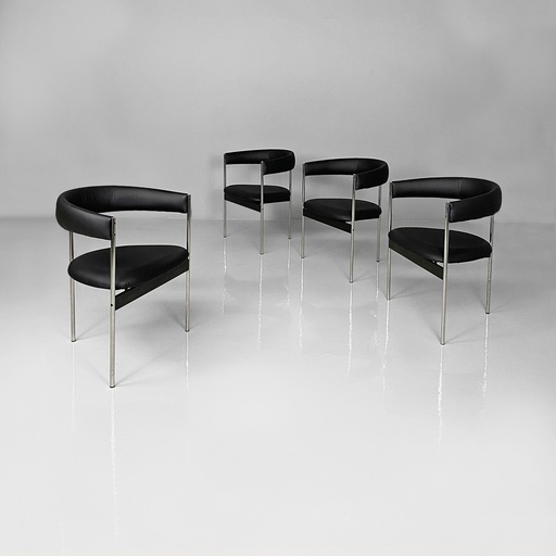 [2520006412] Sedie a pozzetto in acciaio e pelle nera, 1970 ca.