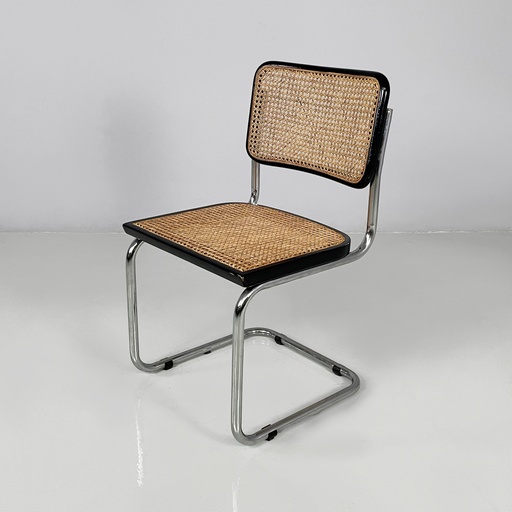 [2520006481] Sedia In legno nero, paglia e acciaio, 1960 ca.