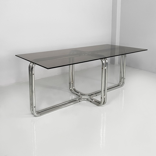 [2520006591] Tavolo da pranzo in vetro fumè e acciaio, 1970 ca.