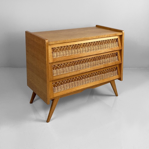 [2520006615] Cassettiera in legno e rattan, 1960 ca.